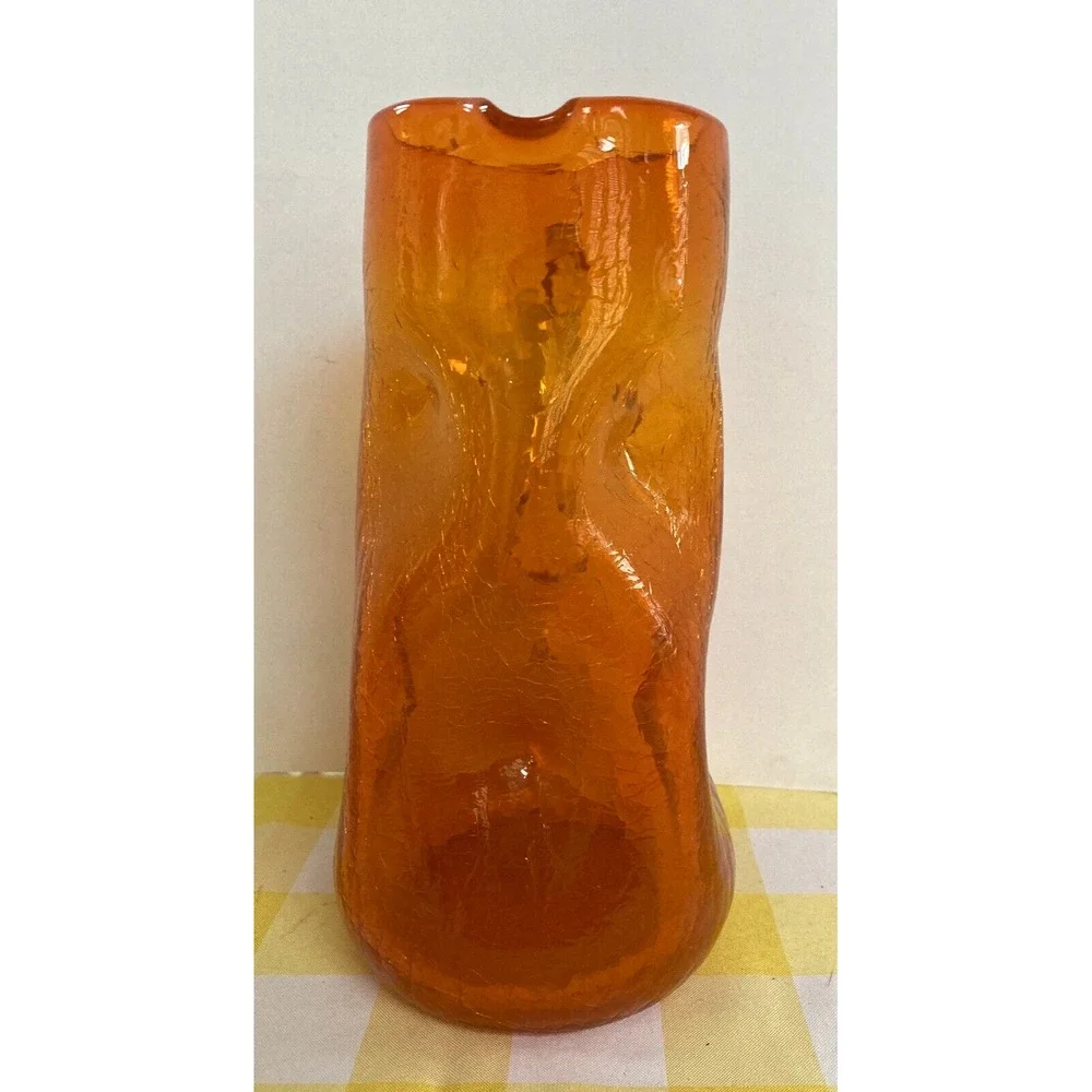 Vintage Blenko crackle glass dimpled tall pitcher Amberina orange clear handle